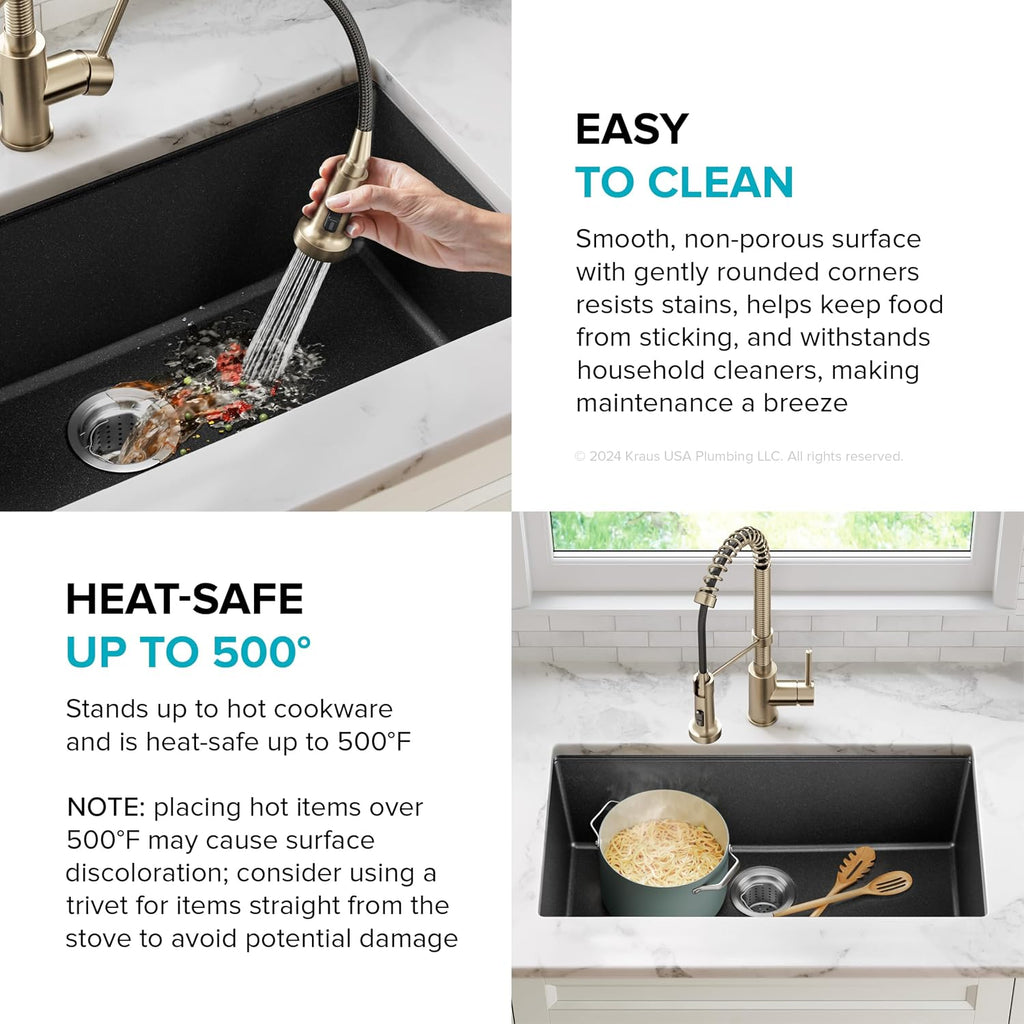 Black Onyx 31 in Undermount Granite Kitchen Sink KGU-413B | Quartz composite with metallic particles, heat-safe