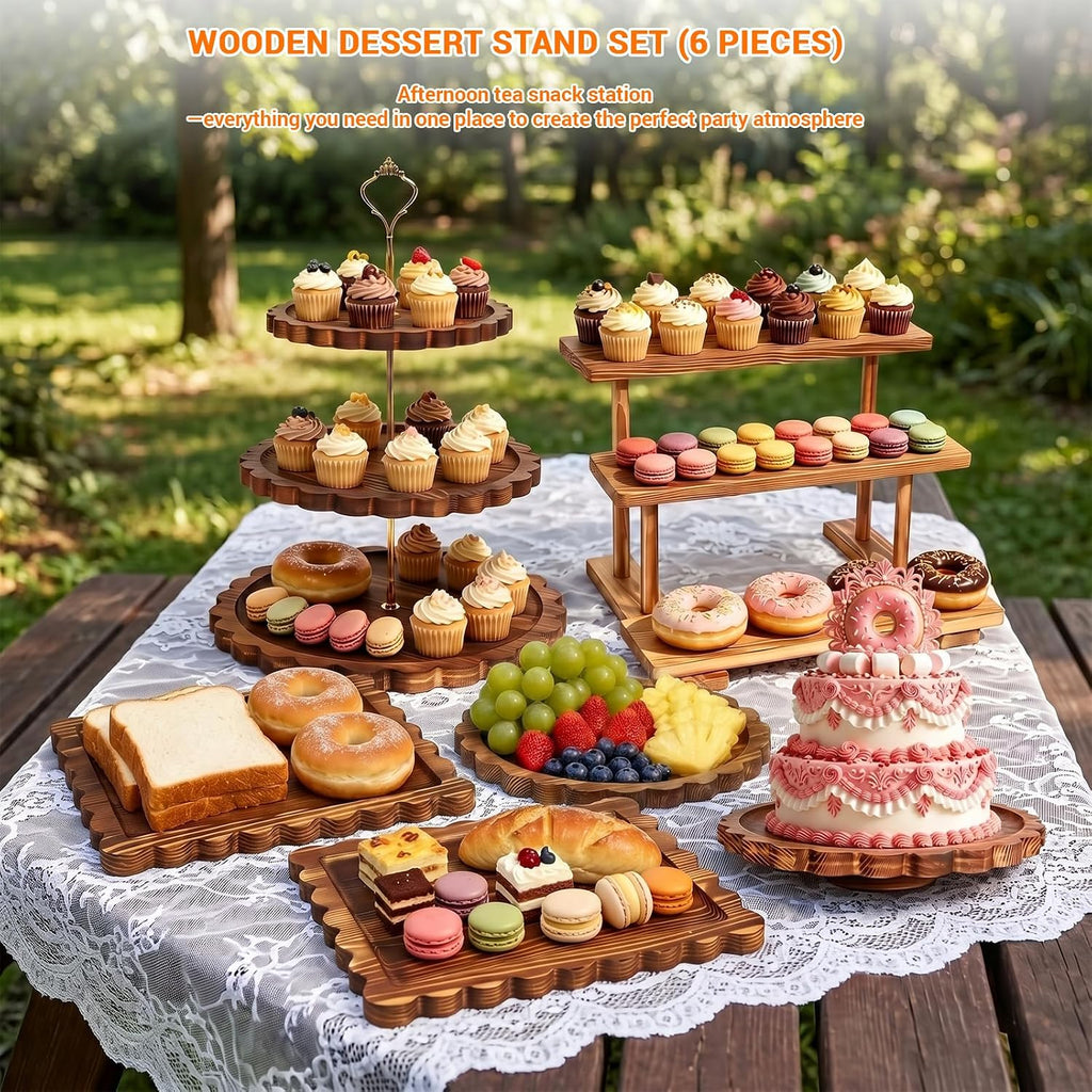 Set of 6 Wooden Dessert Display Table Set with 3-Tier Cupcake Stand | Round/Flat Platter, Cake Stand Rotating Tray