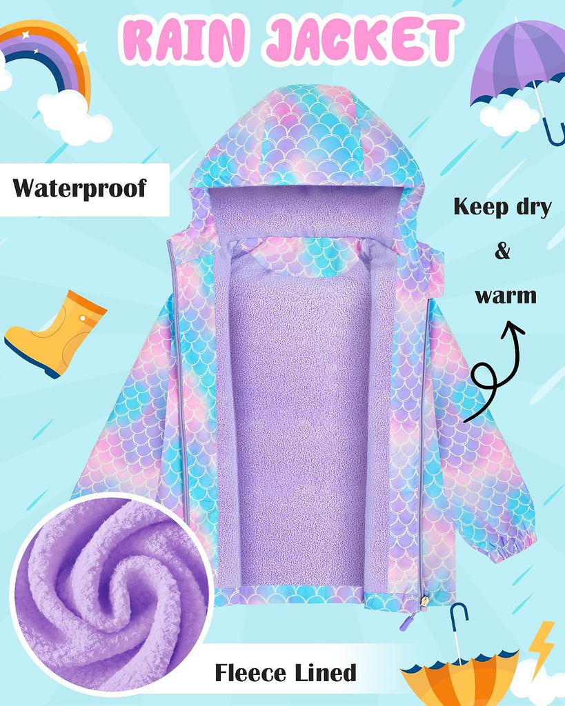 Girls Rain Jacket Waterproof Hooded Fleece Lined Raincoat Lightweight Windbreakers Kids Toddler Girls Spring Jacket