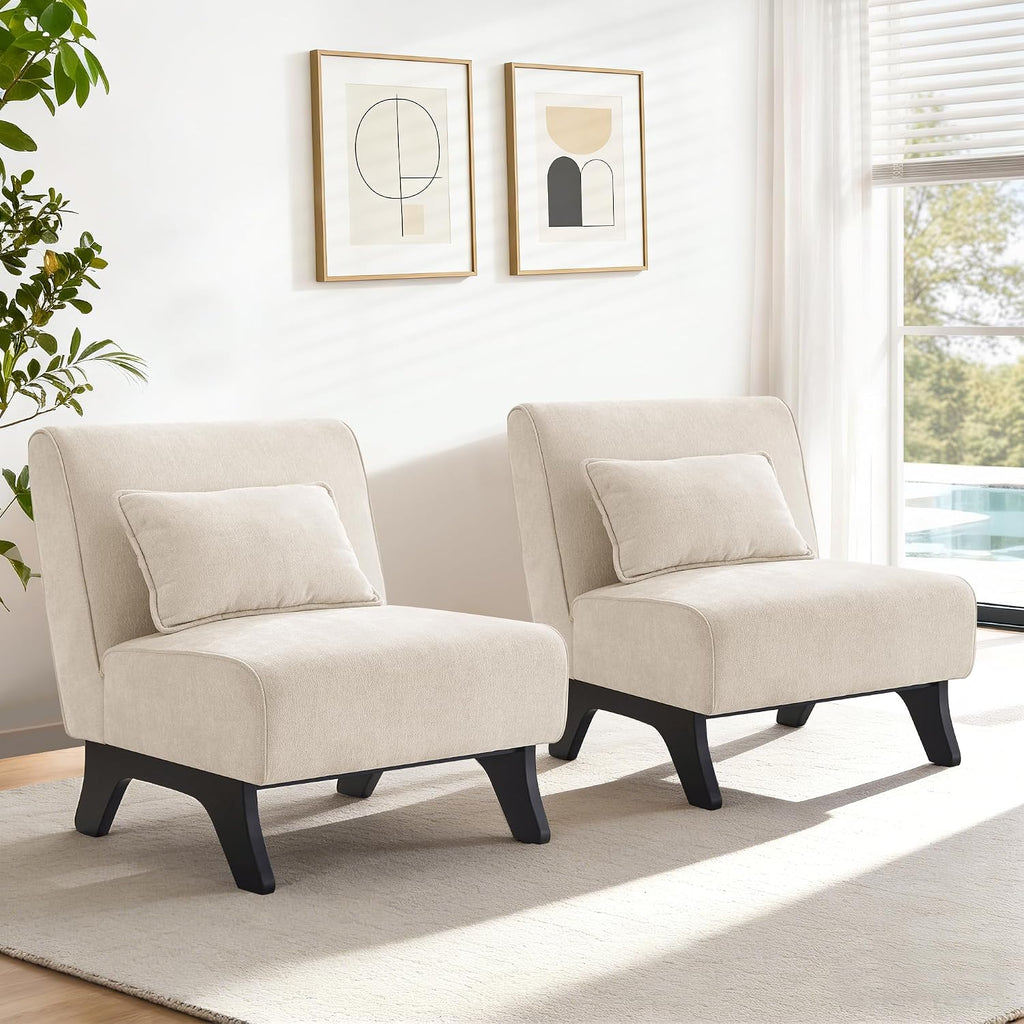 Armless Accent Chairs Set of 2 Upholstered Living Room Side Chairs | Comfy Small Accent Lounge Chair with Pillow