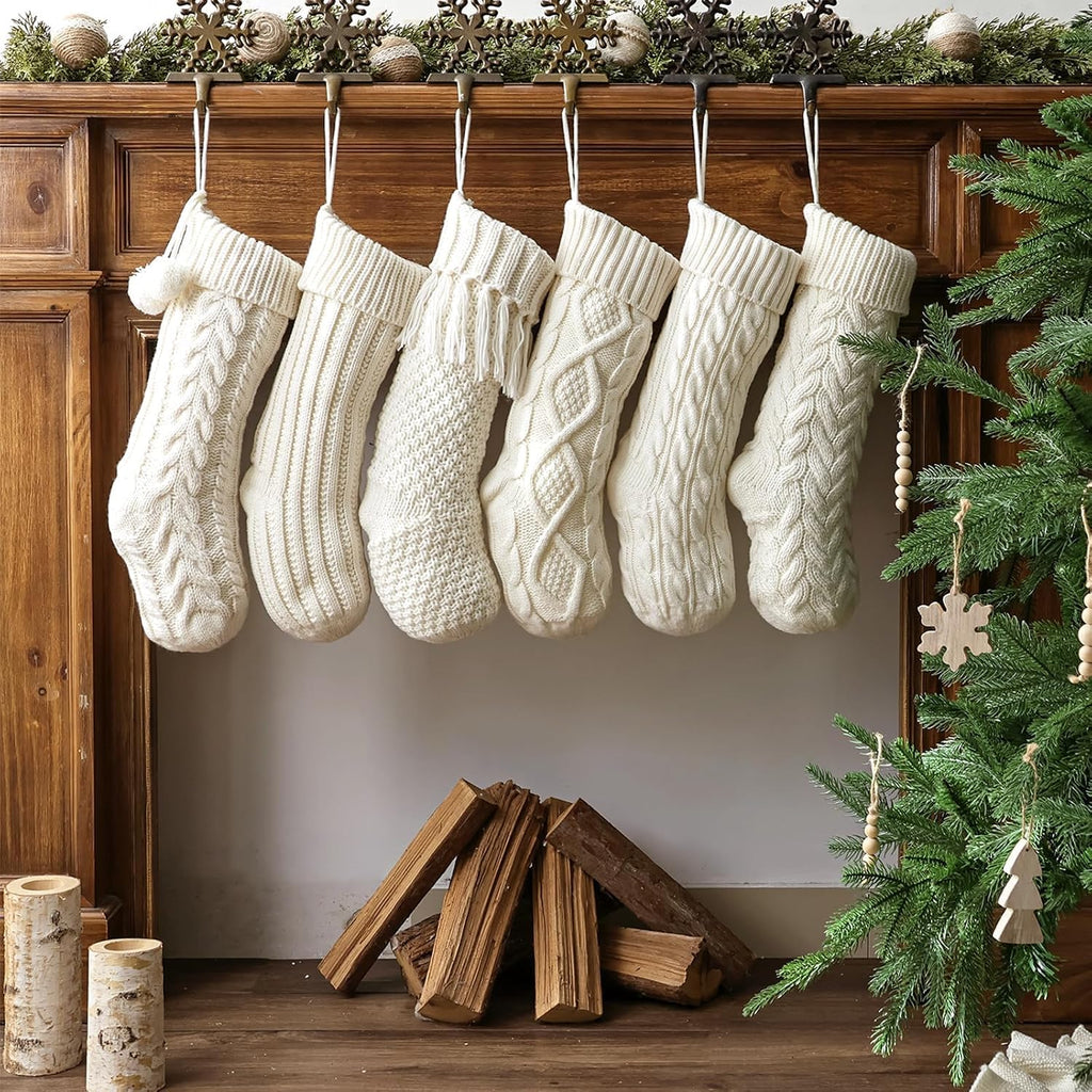 S: 6 Pack 18 Inch Cream White Cable Knit , Rustic Hanging Xmas Stockings Farmhouse Boho Beige Knitted Stockings - Set of 6