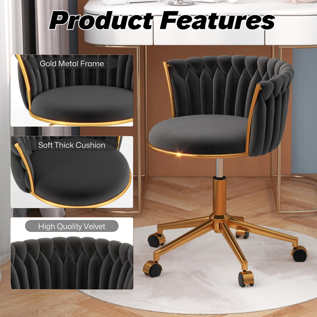 Velvet Woven Home Swivel Vanity Desk Chair with Gold Base, Black