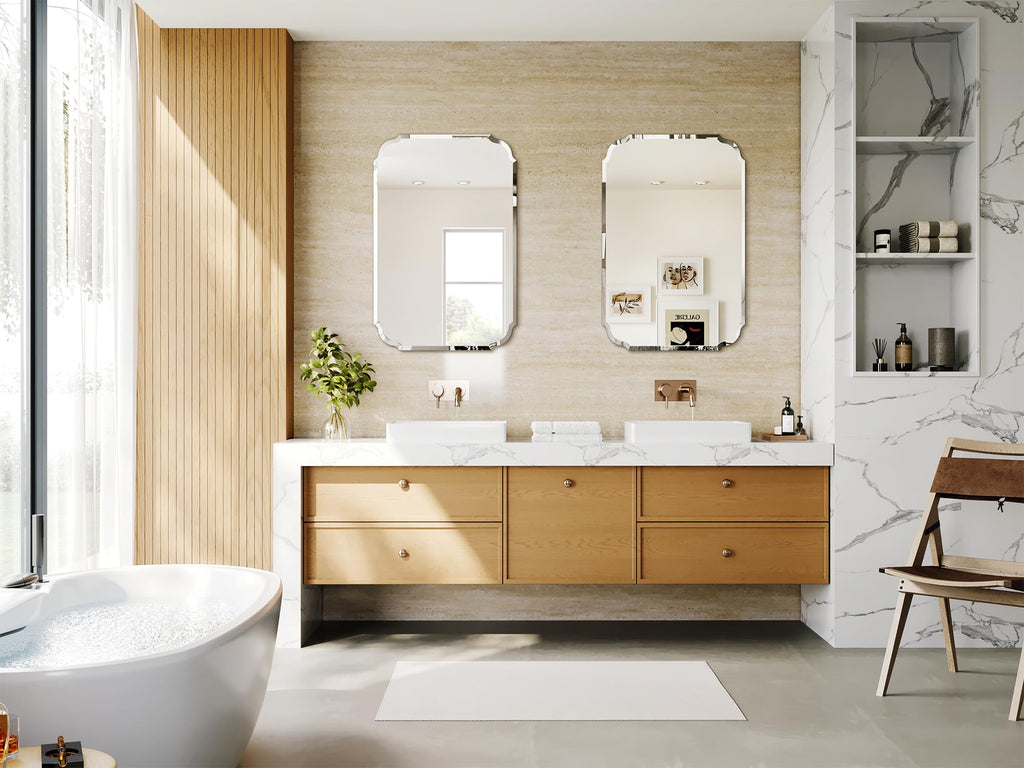 Beveled Scalloped Frameless Bathroom Mirror, 24" x 36" Beveled Bathroom Mirrors with Rectangle Shaped, Frameless