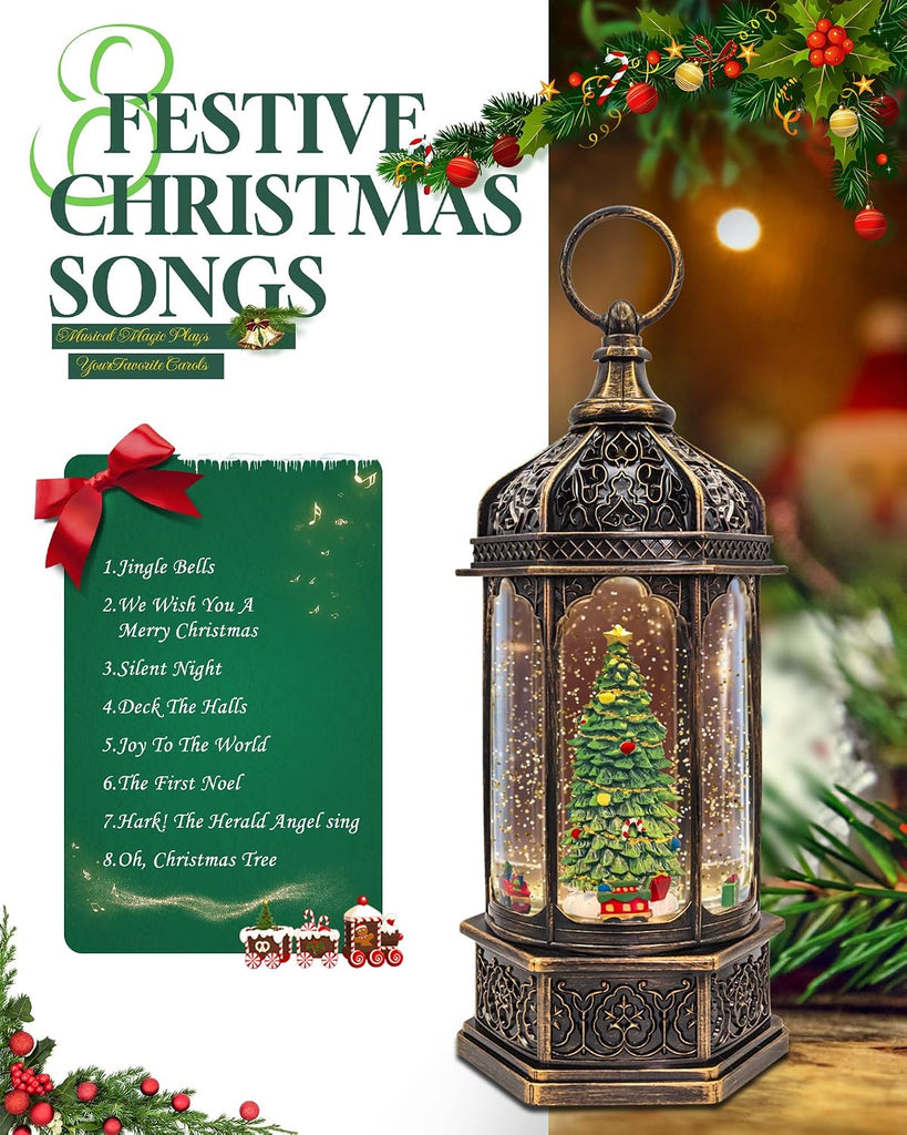 Musical Christmas Tree Snow Globe with Timer, Decorative Trains Rotate with Music, Christmas Ornaments Music Box