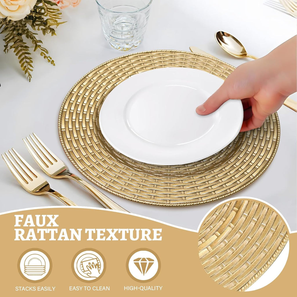 Faux Rattan Charger Plates, Round Gold Plate Chargers - Set of 12