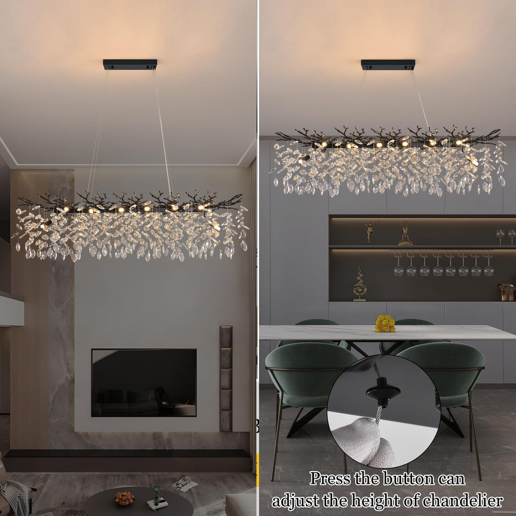 Modern Rectangle Crystal Tree Branch Chandelier, L47.3'' Luxury Black Linear Art Deco Raindrop Pendant Lighting