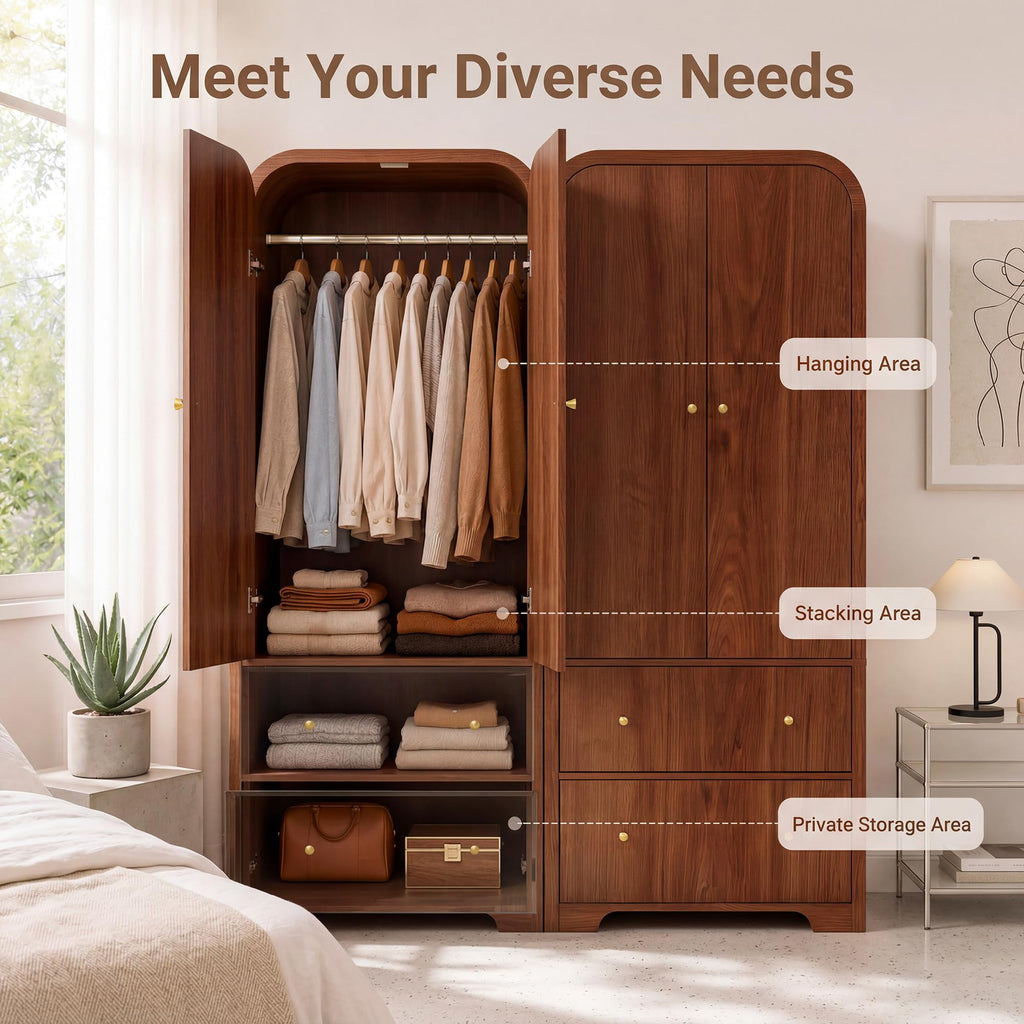 Arched Armoire Wardrobe Closet, 70" Wooden Wardrobe Cabinet with 2 Drawers, Hanging Rod, 2 Doors Clothing Storage