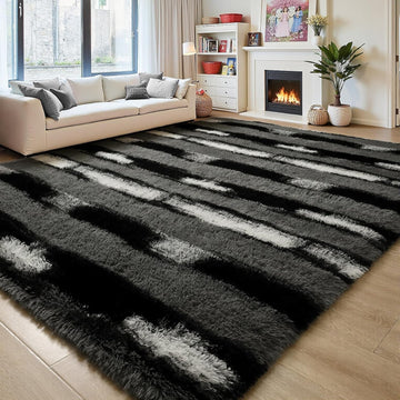 Fluffy Area Rugs for Bedroom Living Room, 4x6 Black and Grey Soft Plush Striped Rug, Modern Indoor Non Slip Washable
