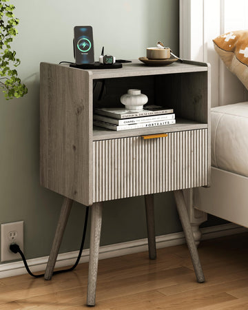 Nightstand with Outlet, Modern Bedside Table with Storage Drawer and Open Wood Shelf, and Small Spaces, Accent Night