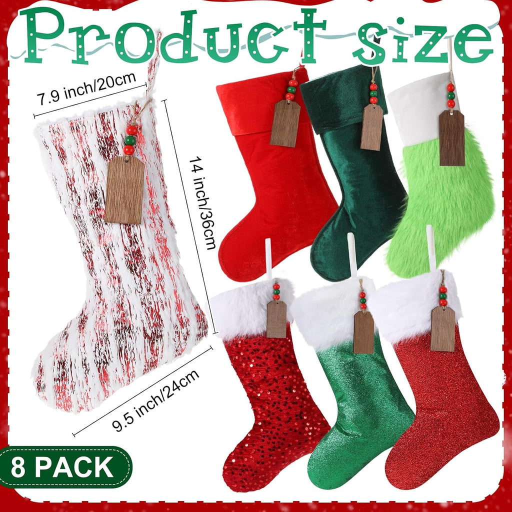 8 Pack 20in Christmas Stocking and 8Wood Hanging Tag, Red Green | Farmhouse Plush Velvet Scales Glitter Xmas