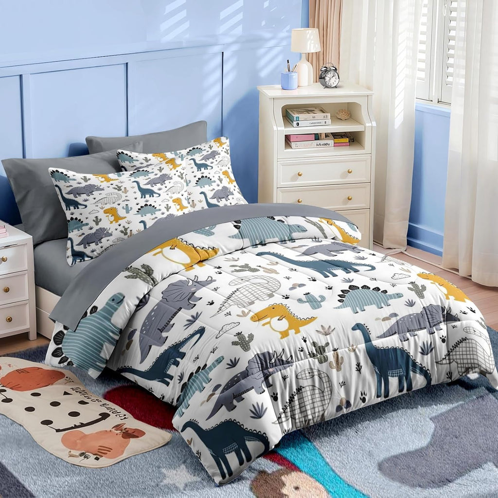 7 Pcs Comforter Set Full, Cute Dinosaur Dino Bedding for Kids Teen, Blue Yellow Dragon with Fitted Sheet 2