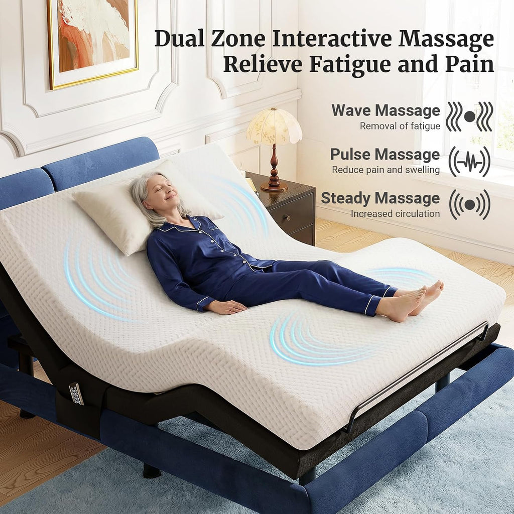 T600 Adjustable Bed Base with Massage & Remote, Ergonomic Adjustable Bed Frame Full Size with Head & Foot Incline