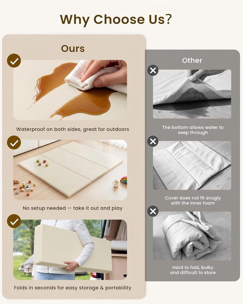 Foldable Baby Play Mat,Vegan Leather 47x47 Baby Mat for Floor,Beige