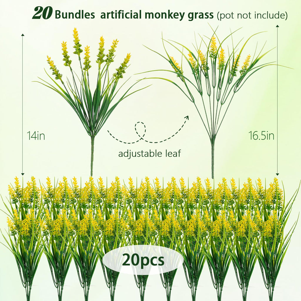 Artificial Plants Outdoor, 20 Bundles Fake UV Resistant Plastic Monkey Grass with Flowers for Pot Garden Decor