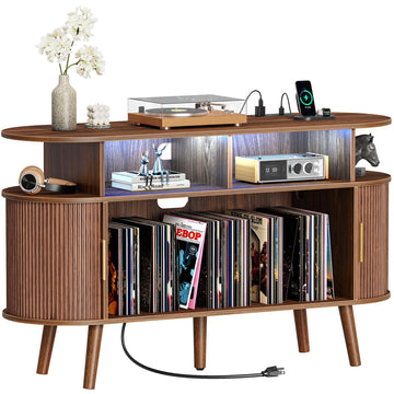 47.2 Inch Large Record Player Stand with Power Outlets & 3-Color Lights, Vinyl Record Stand with 2 Fluted Cabinets