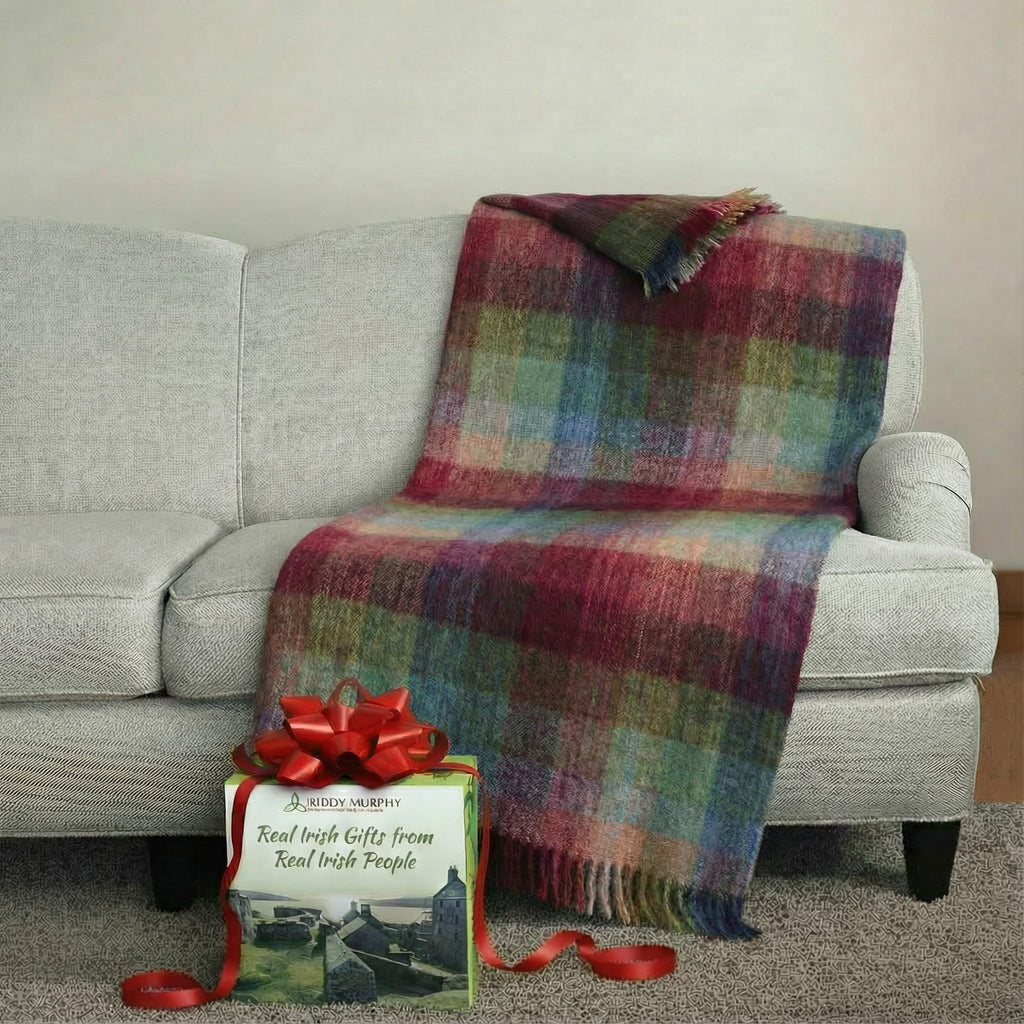 Irish Mohair & Wool Throw Blanket, 54x72in, Plaid Multicolor