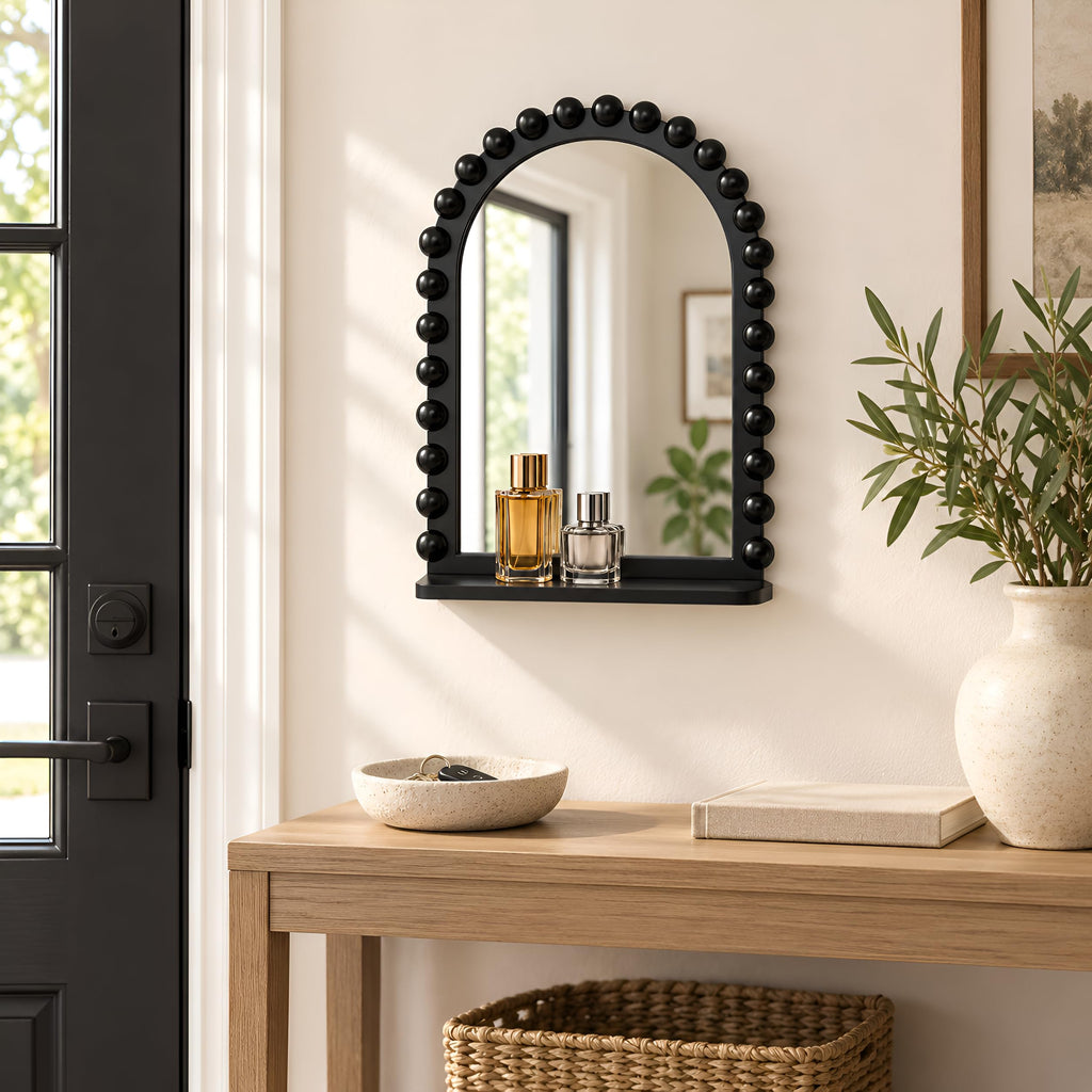 Arched Wall Mirror with Shelf, 12x16 Inch Wooden Bead Bathroom Mirror, Decorative Hanging Vanity Mirror, Black