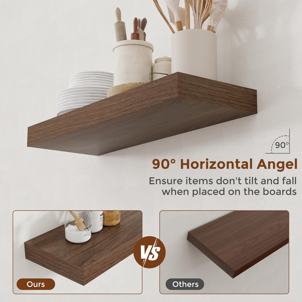 24 Inch Floating Shelves for Wall Walnut Shelves Set of 2, Wall Mounted Rustic Wood 8 Inch Deep Floating Shelf with