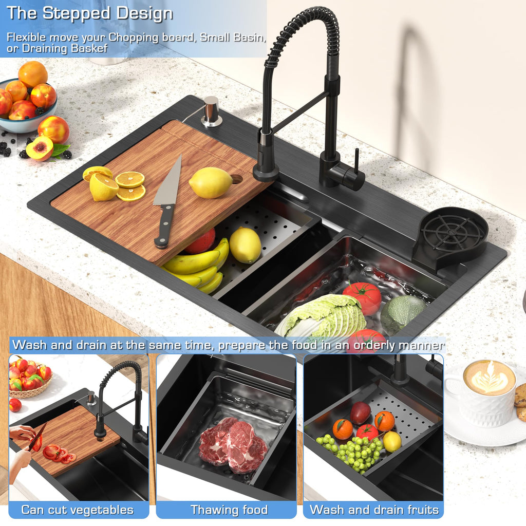 26.7 Inch Black Drop Sink with Faucet, Workstation