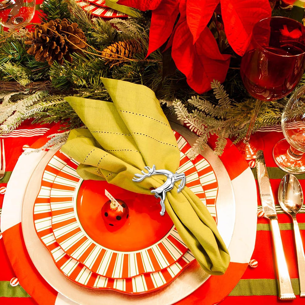 Christmas Silver Reindeer Napkin Rings for Table Decoration - Set of 8