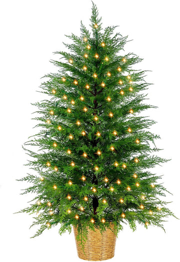 4FT Prelit Artificial Cedar Christmas Tree with Lights Plug in Power, Faux Cedar Potted Christmas Tree in Decorative