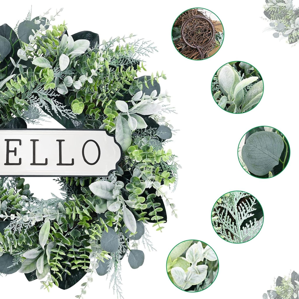 24'' Hello Door Wreath 24inch Boxwood Wreath Farmhouse Eucalyptus Flocked Lambs Ear Wreaths for Front Door Hanging