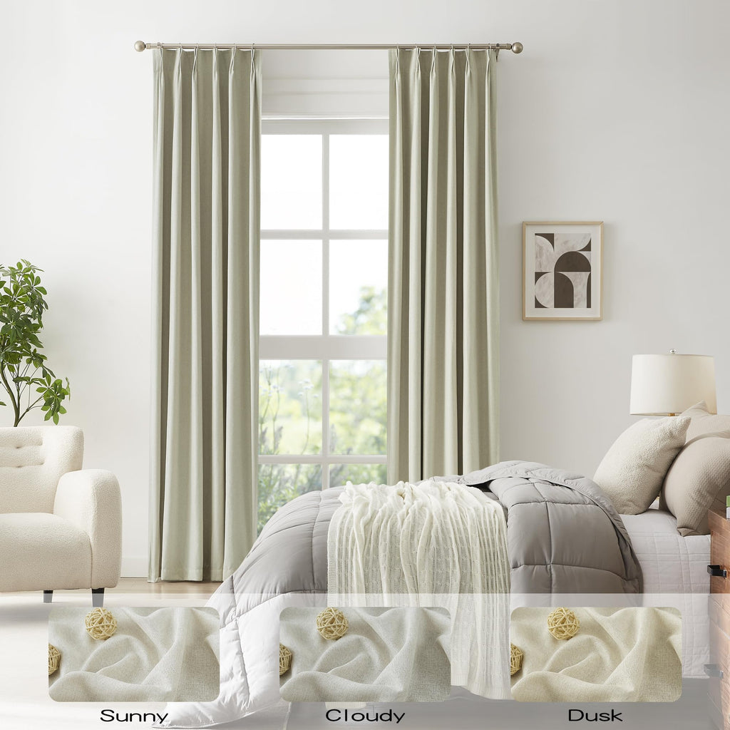 Linen Blackout Curtains Drapes 96 Inches Long 2 Panels Set, Pinch Pleated Farmhouse Room Darkening Thermal Insulated