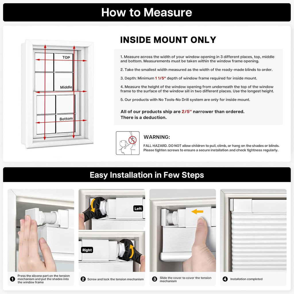 No Drill Cordless Cellular Shades, Silver White | Blackout Honeycomb Shades Thermal Insulation Noise Reduction Glare