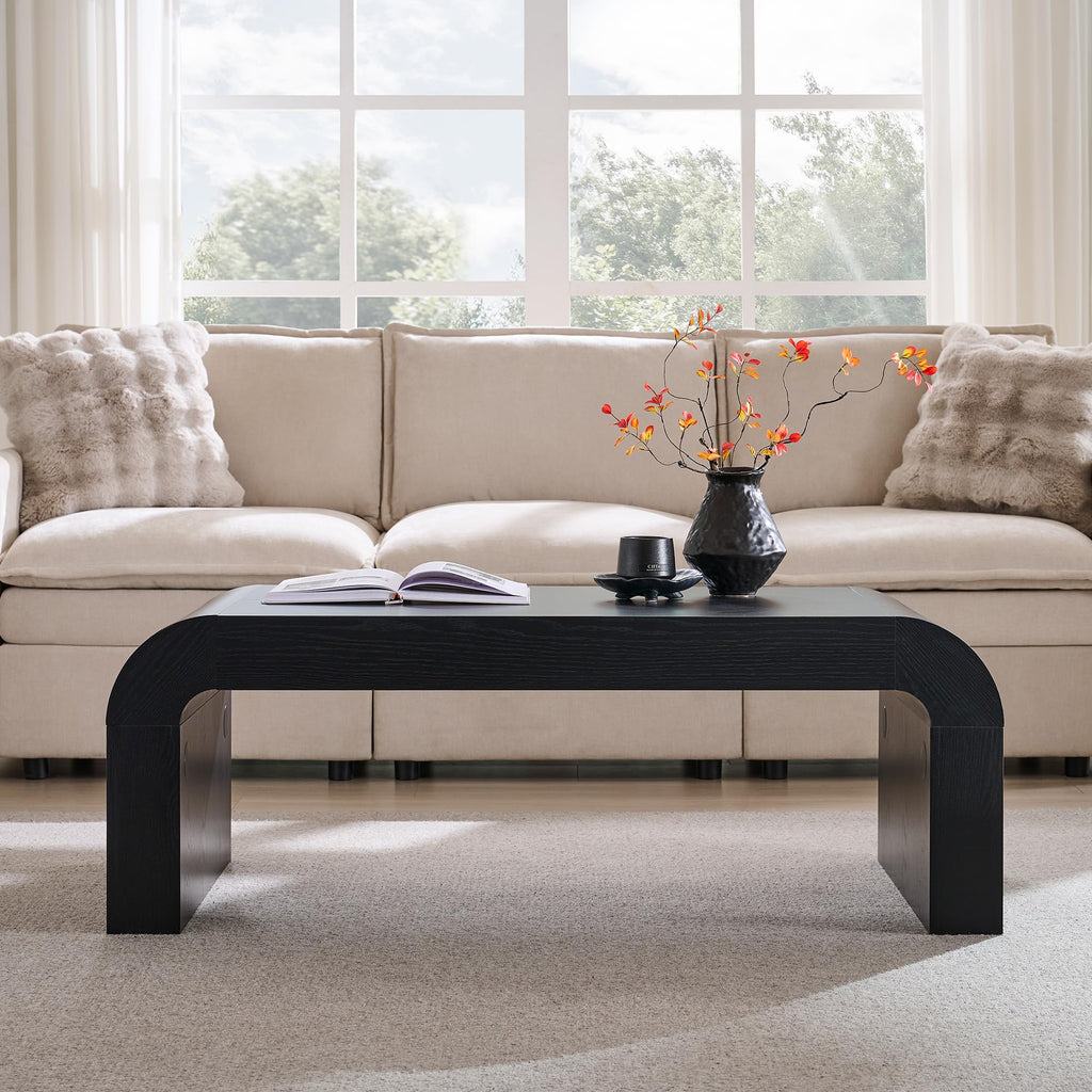 48" Modern Curved Coffee Table, Wood Minimalist Center Table, Black