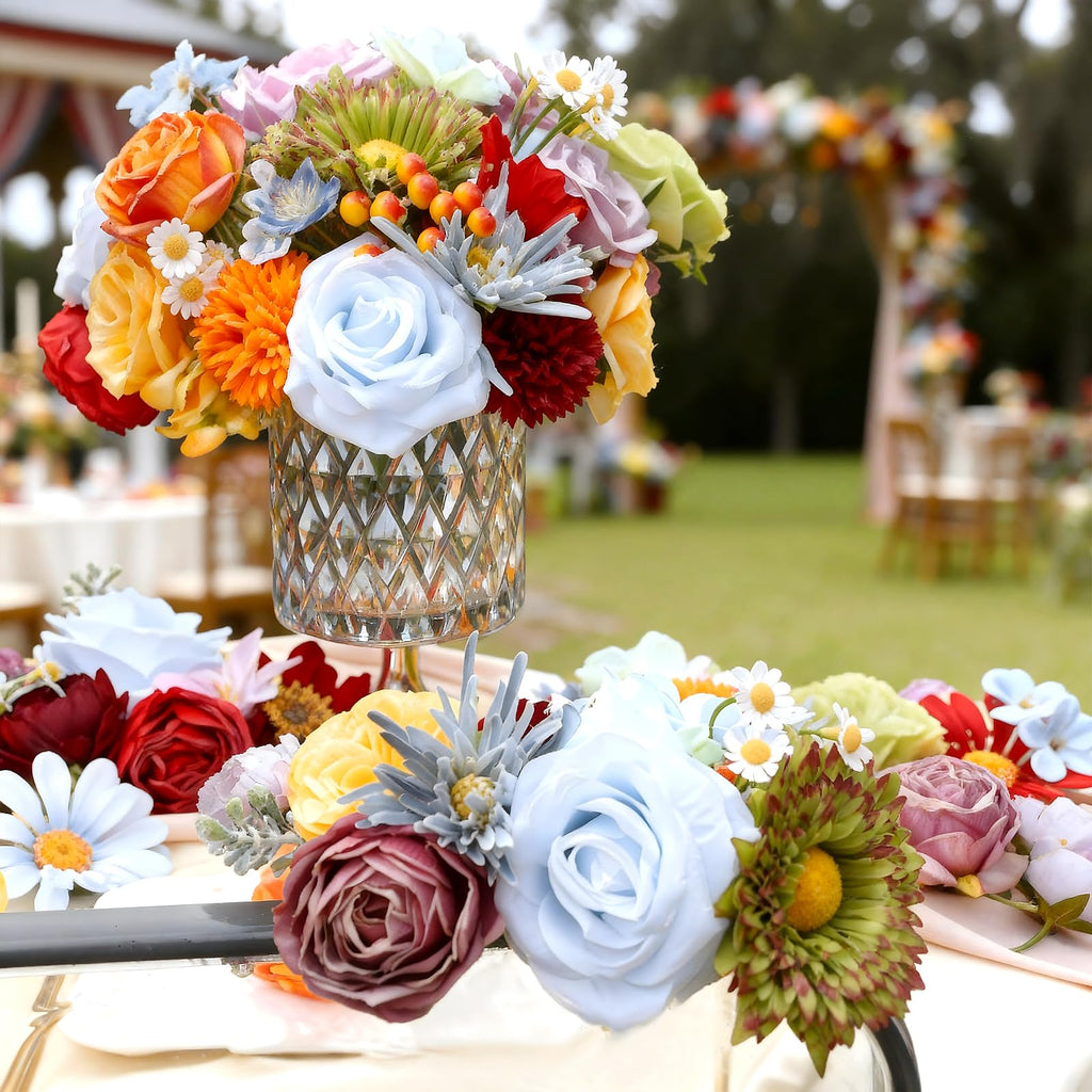 Artificial Combo Box Set, 38pcs Mix Dahlia Silk Roses, Daisy & with Stems for DIY Wedding Bouquets, Bridal Shower