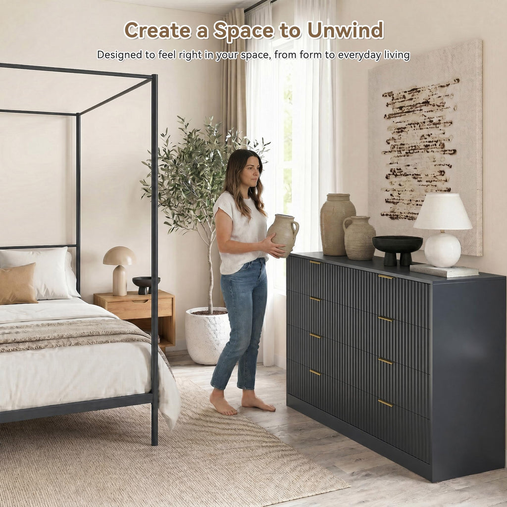 Navy Blue 8 Drawer Dresser, 55" Wide Fluted Chest of Drawers with Gold Metal Handles, Modern Wooden Dresser, Closet