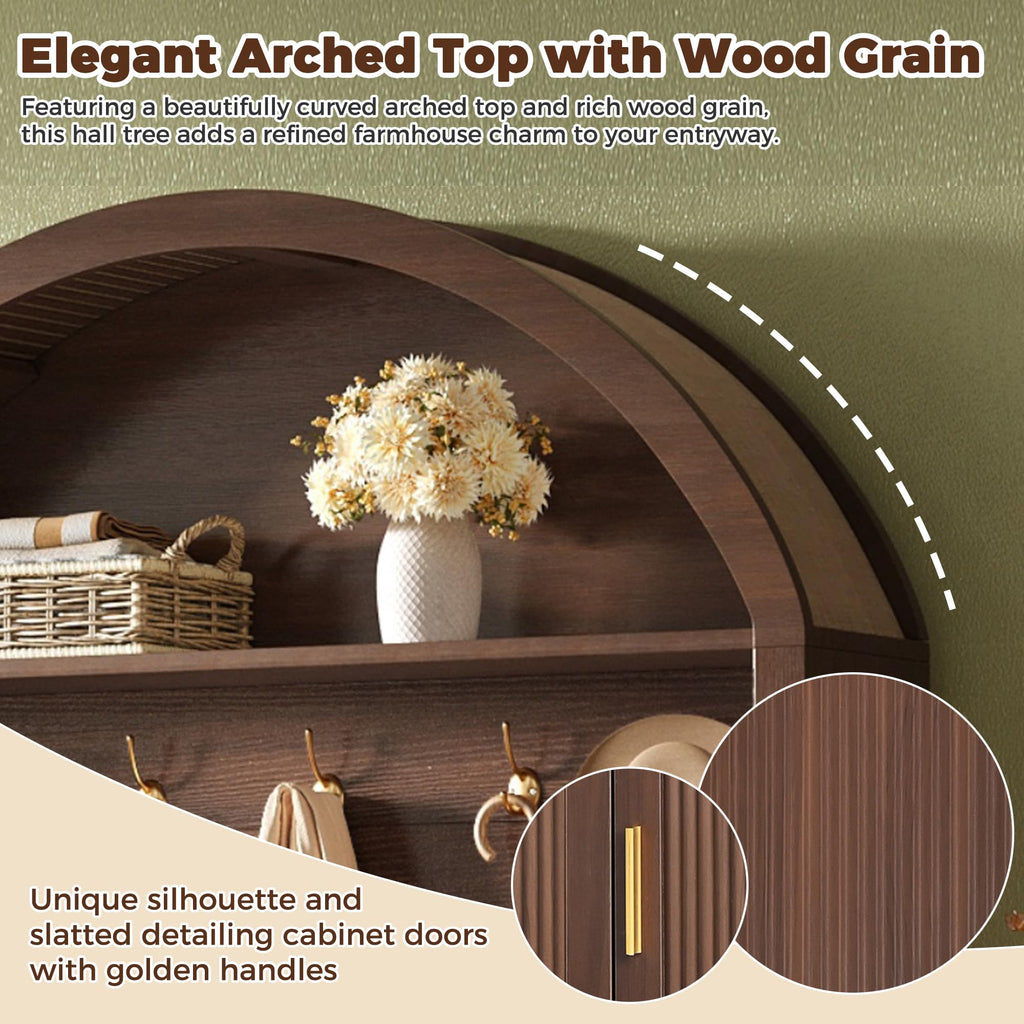 Farmhouse Hall Tree with Bench, Arched Entryway Hall Tree with 5 Hooks, Open Shelf & Fluted Door Cabinets, Mid