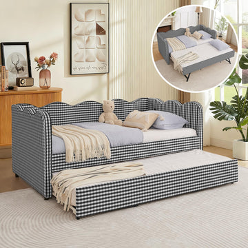 Twin Size Gingham Daybed with Trundle, Upholstered Linen Day Bed Frame with USB Ports & Wave-Shaped Backrest, Modern
