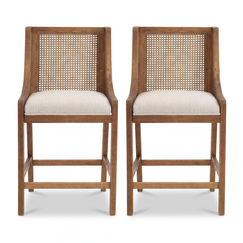 25.5" Fabric Upholstered Wood and Cane Counter Stools with Backrest