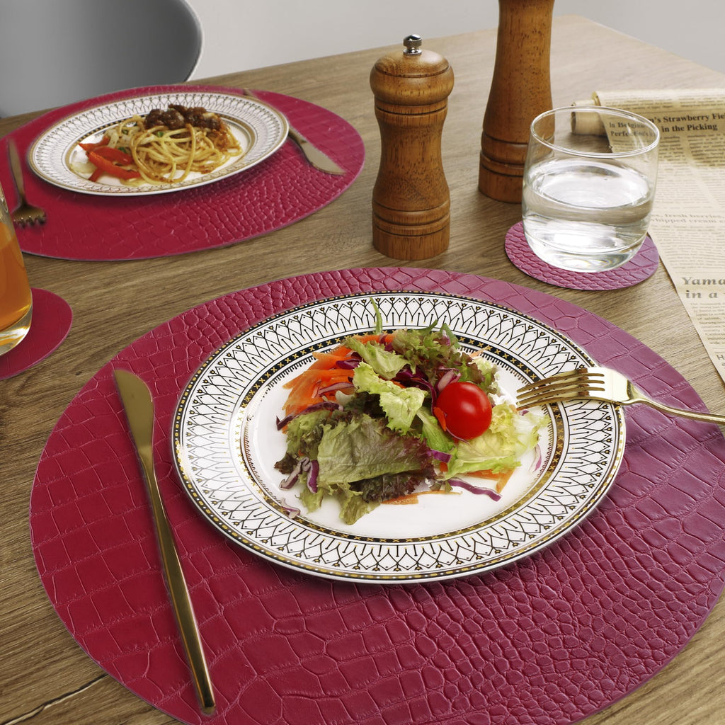 Round Leather Placemats for Round Tables Set of 8, Red Place Mats and Coasters, Wipeable Waterproof Heat Resistant