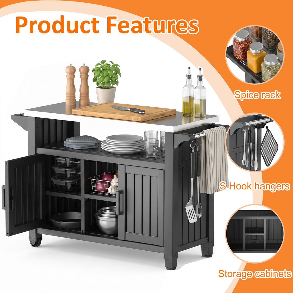 Outdoor Storage Cabinet, Patio Storage Table, Bar Table with Wheels, Outdoor Bar Cart, Poolside and Backyard, Standard