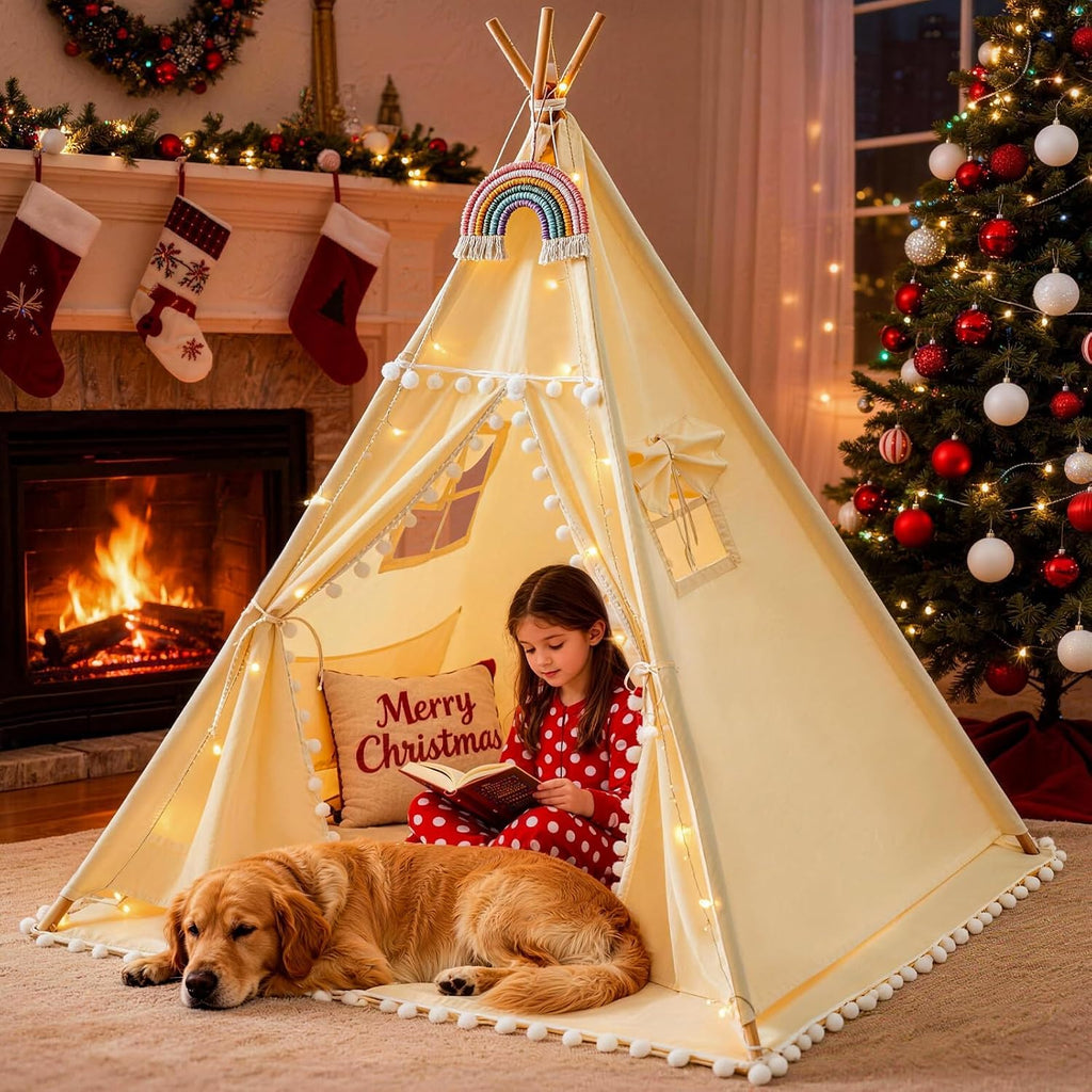 HalloDeer Teepee Tent for Kids with Padded Mat & Star Lights, Cotton Canvas Foldable Kids Teepee Indoor Outdoor
