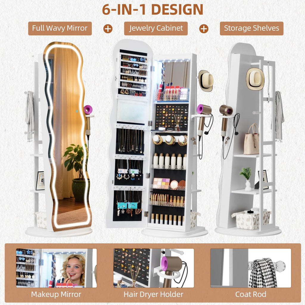 LED Mirror Jewelry Cabinet Standing, 360° Swivel, White