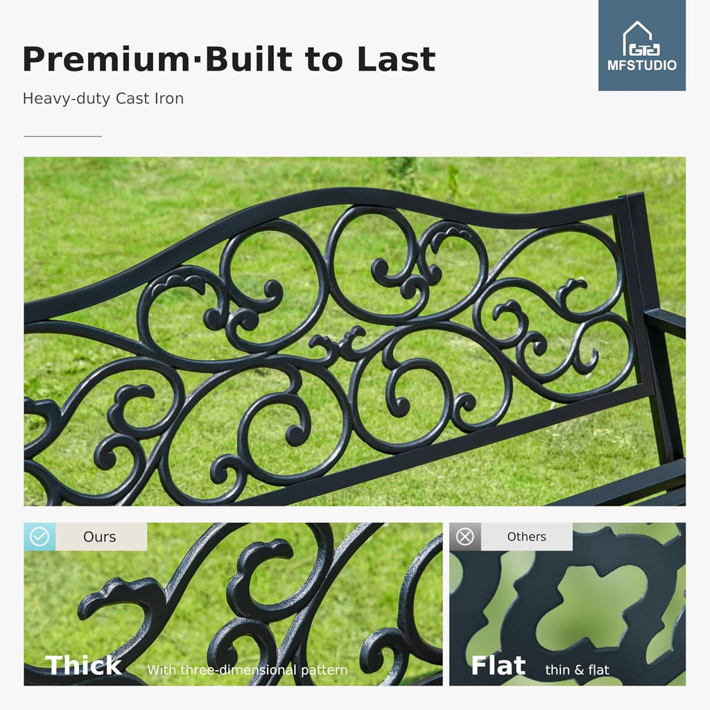 50 Inches Outdoor Garden Bench Cast Iron Metal Frame, Floral Black | E-Coating Anti-Rust Finish, Weatherproof Outdoor