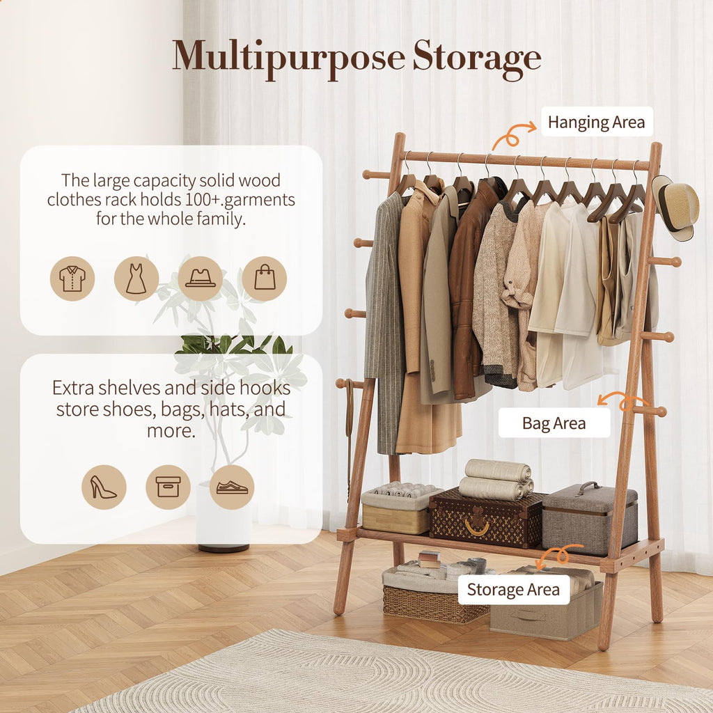 Solid Wood Clothes Rack - Heavy Duty Clothing Racks for Hanging Clothes with 8 Hooks, Portable Garment Rack for Dress