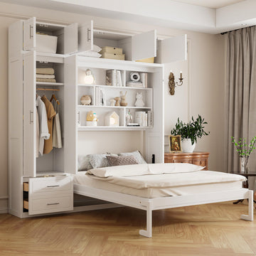 Queen Size Murphy Bed with Wardrobe, Space Saving Hidden Wall Bed Frame with Drawer & Storage Shelves, Foldable