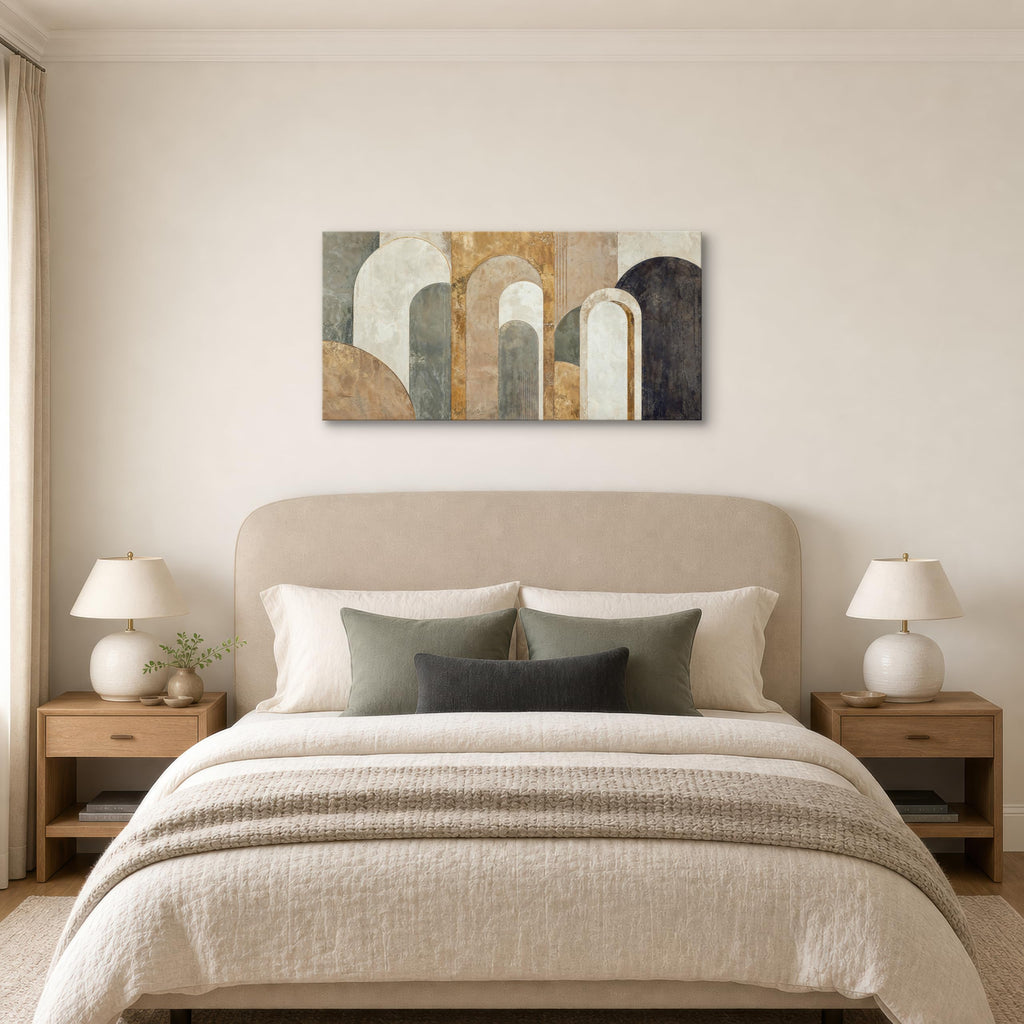 Neutral Abstract Canvas Wall Art, 40 x 20 Inch Geometric Arch Print in Beige, Sage and Muted Gold Tones, Horizontal