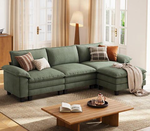 HOME 123'' Modular Sectional Sofa Green Couch Corduroy Cloud Couches for Living Room