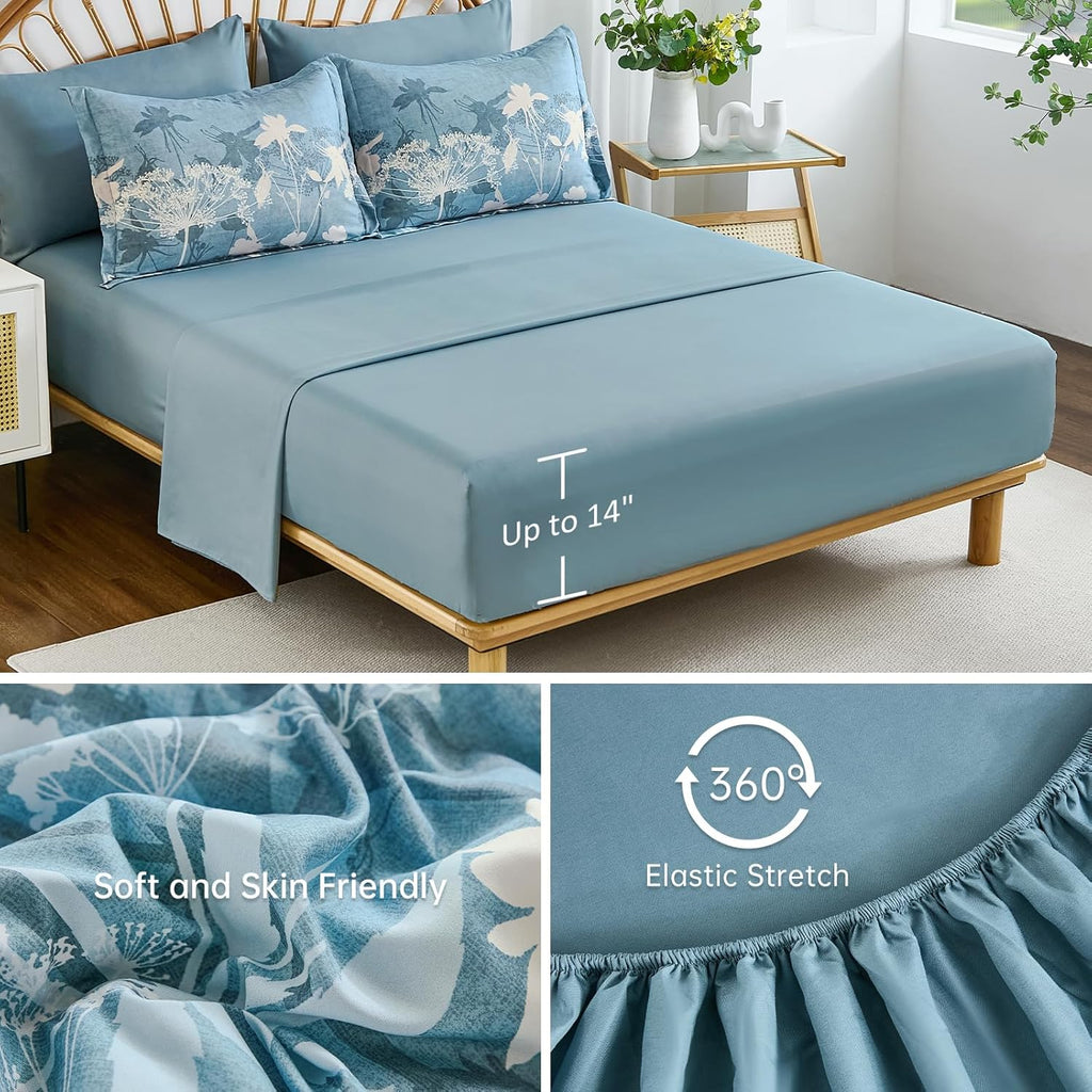 Blue Floral Comforter Set King, 7 Piece Dandelion Botanical Plant Comforter Bedding Set, Bed in a Bag King