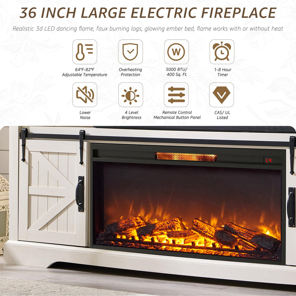 70" Farmhouse TV Stand with 36" Electirc Fireplace, Antique White