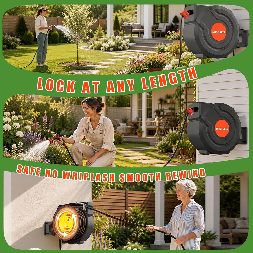 100FT Retractable Garden Hose Reel 5/8 Inch Heavy Duty Wall Mounted Retractable Hose Reel with 9-Pattern Nozzle, 180°