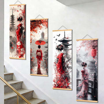 4Pc Japan Red Kimono Geisha Scroll Wall Art Decor 11.81x35.43in