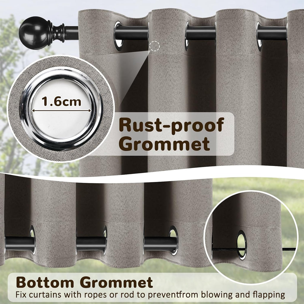 Linen Outdoor Curtains Waterproof with Zipper Blackout Curtains 2 Panels Top & Bottom Grommet Patio Outdoor Privacy