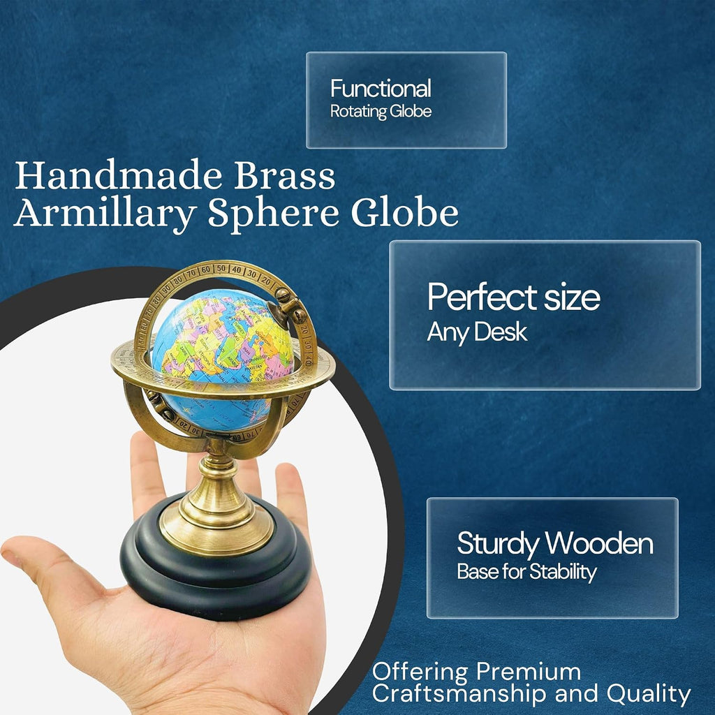5.10" Nautical Brass Armillary Sphere World Globe with Aqua Blue Map, Jet Black Wooden Base - Elegant, Durable Decor