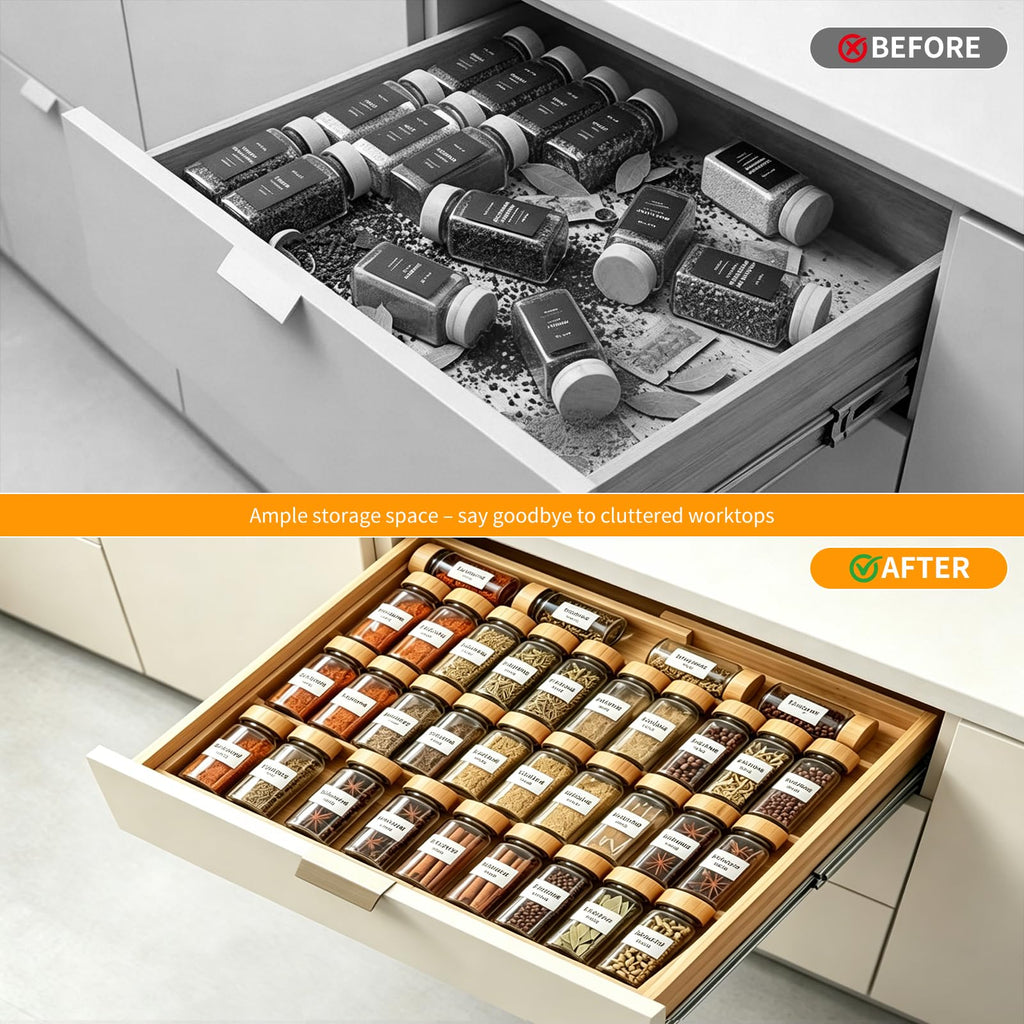 Bamboo Spice Drawer Organizer Expandable(Fits 2.6" Deep or Deeper Drawers), 4-Tier Spice Rack Drawer Insert